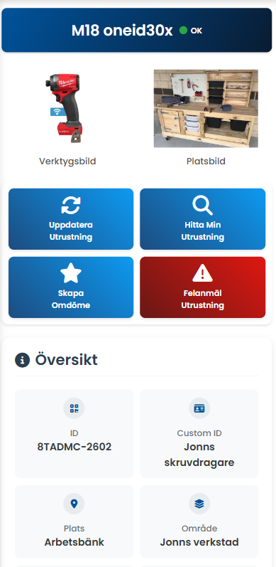 Delatool's tool management system showing a searchable list of tools with status and location.