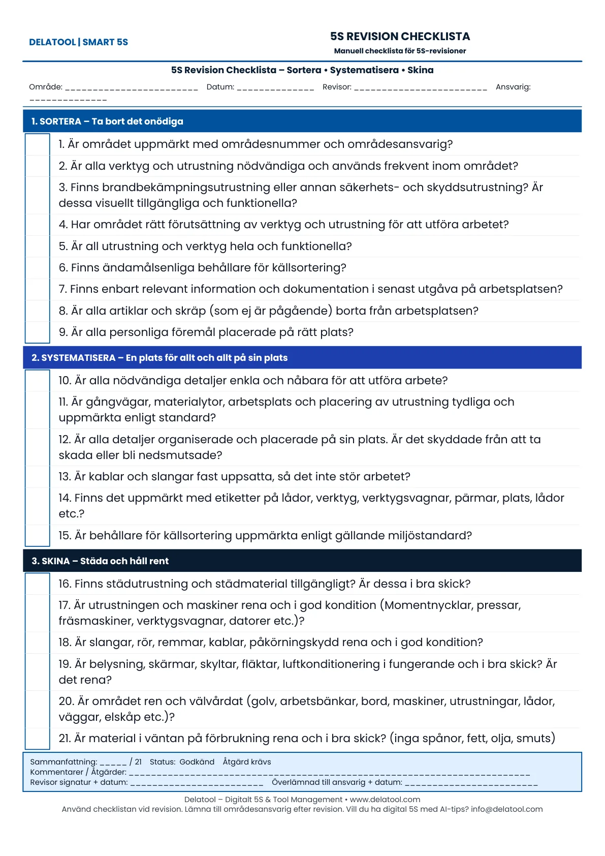 Förhandsvisning av Delatool 5S-revisionschecklista